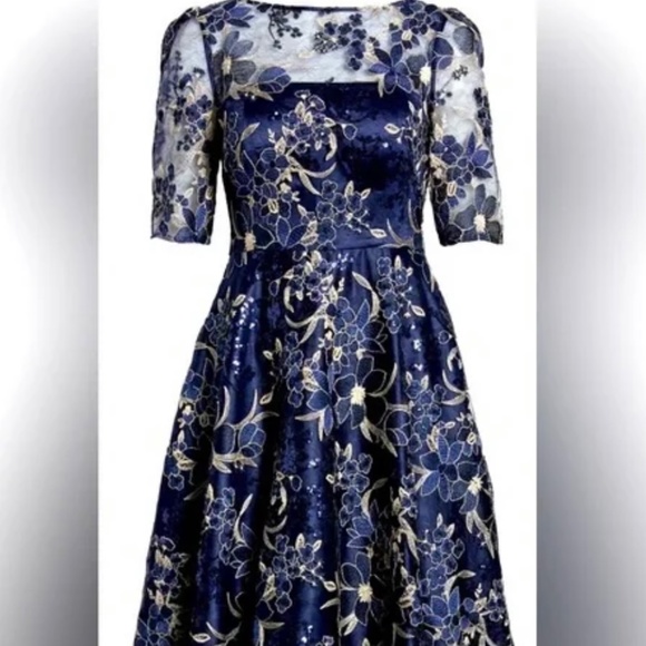 NWT Eliza J Sequin Floral Embroidery Fit & Flare Cocktail Midi Dress, Sz 6 - Picture 1 of 5